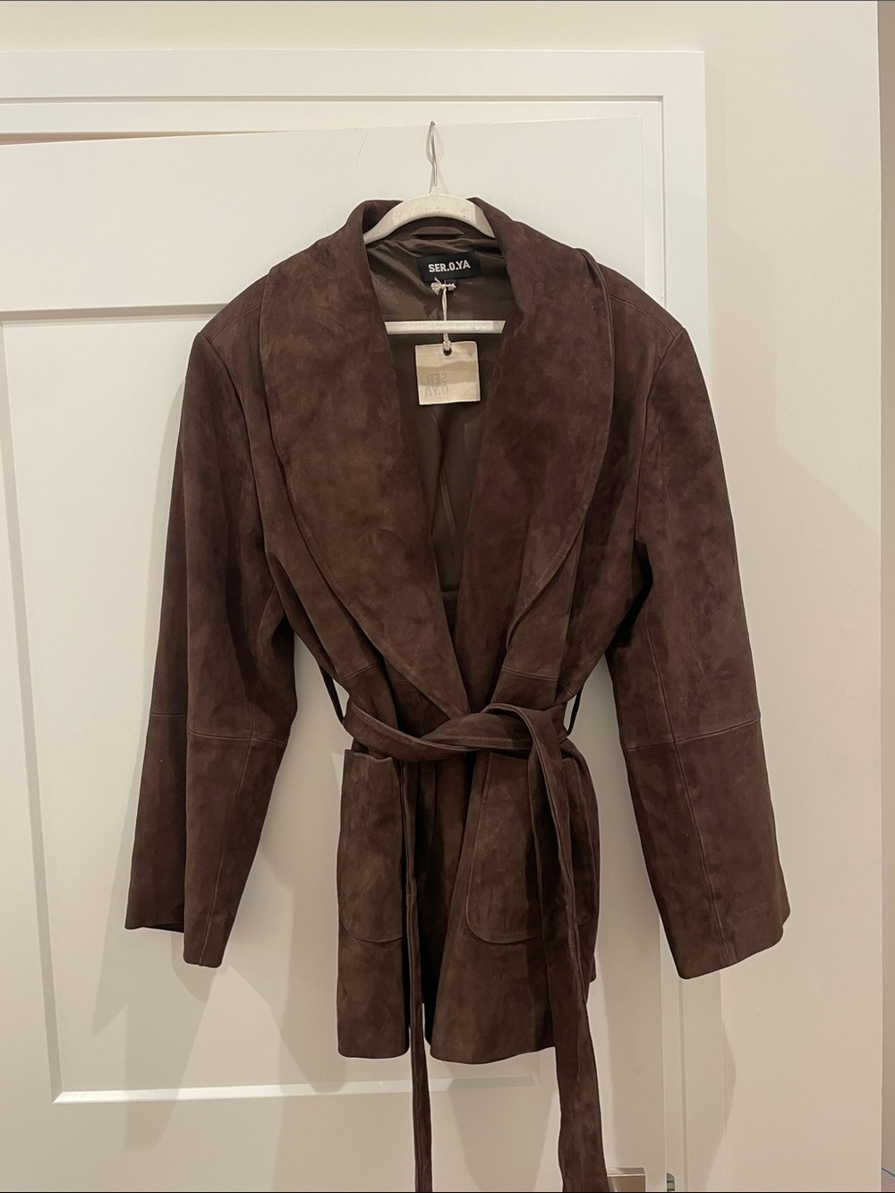 Seroya Chocolate Brown Suede Wrap Belted Jacket